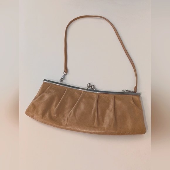 Vintage HOBO International Tan Leather Framed Convertible Clutch Shoulder Bag - Picture 1 of 16